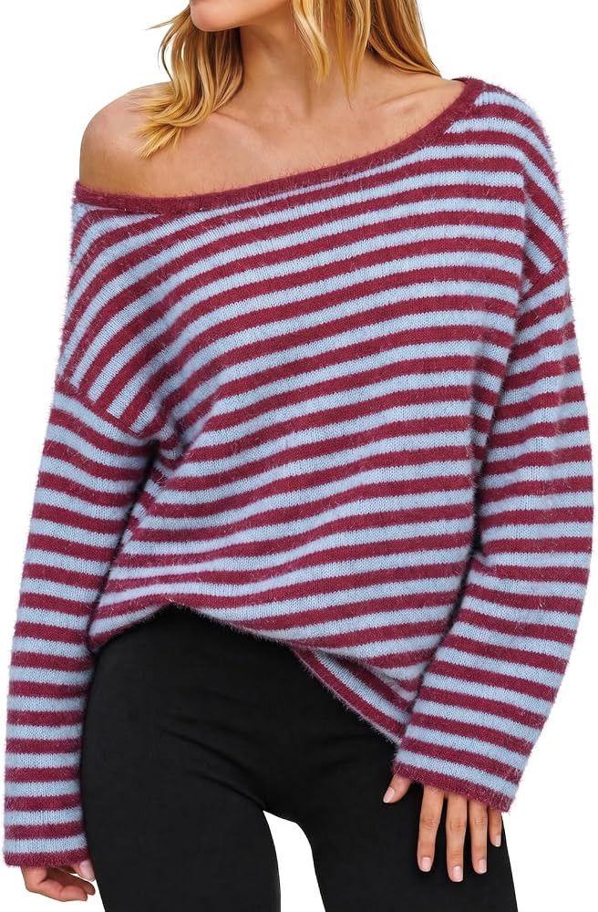 Fisoew Womens Off the Shoulder Sweaters Casual Striped Knit Pullover Tops | Amazon (US)