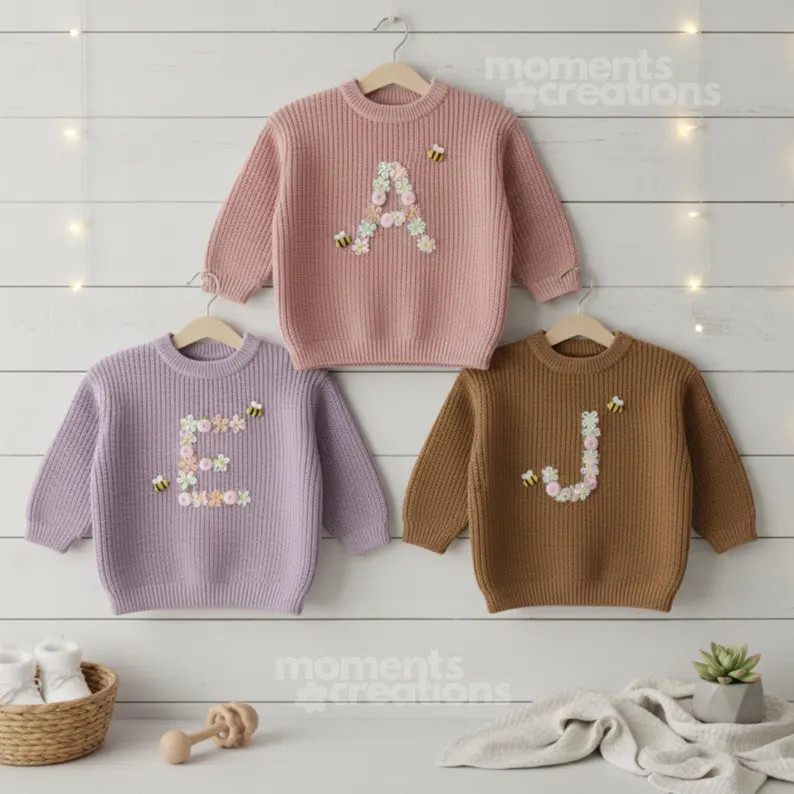 Personalized Initial Floral Bee Sweater: Hand Embroidered Letter Knitwear, Custom Baby, Kids, Tod... | Etsy (US)