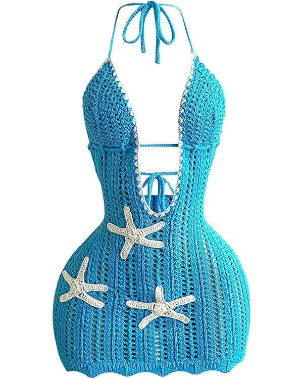 Milumia Women's Starfish Crochet Halter Mini Dress Sexy Deep V Neck Backless Beach Vacation Dress... | Amazon (US)