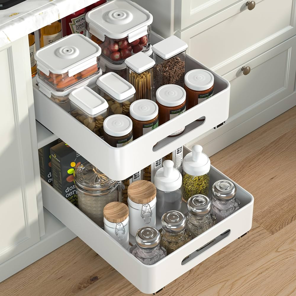 2 PACK Pull Out Cabinet Organizer|Metal Heavy Duty Slide Out Drawers Fixed with Nano Adhesive Fil... | Amazon (US)