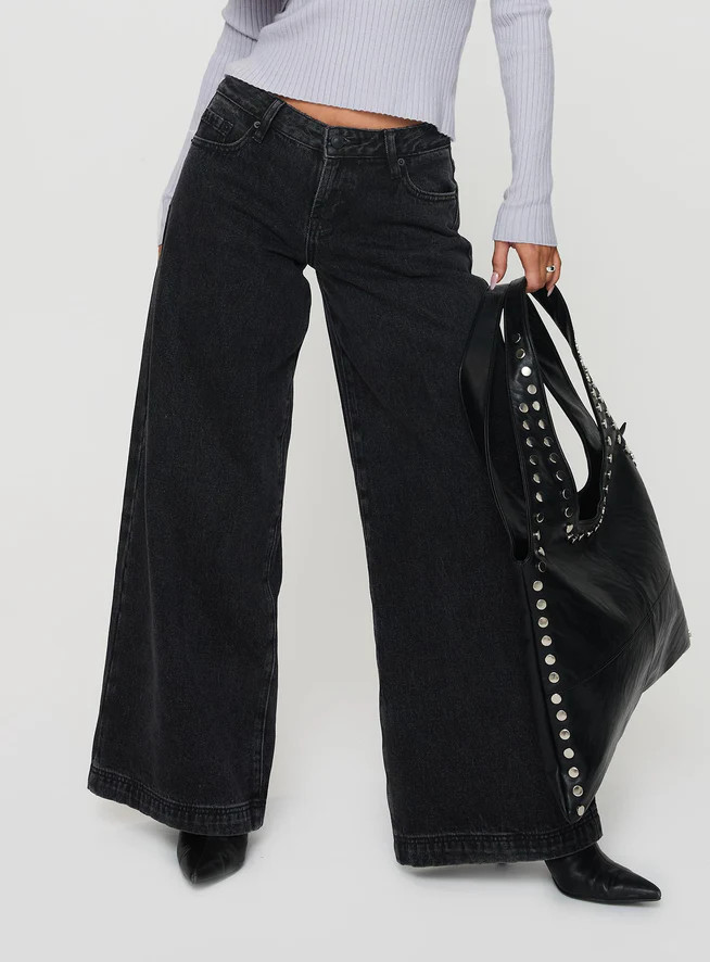 Ribbon Stamp Wide Leg Jeans Washed Black | Princess Polly US