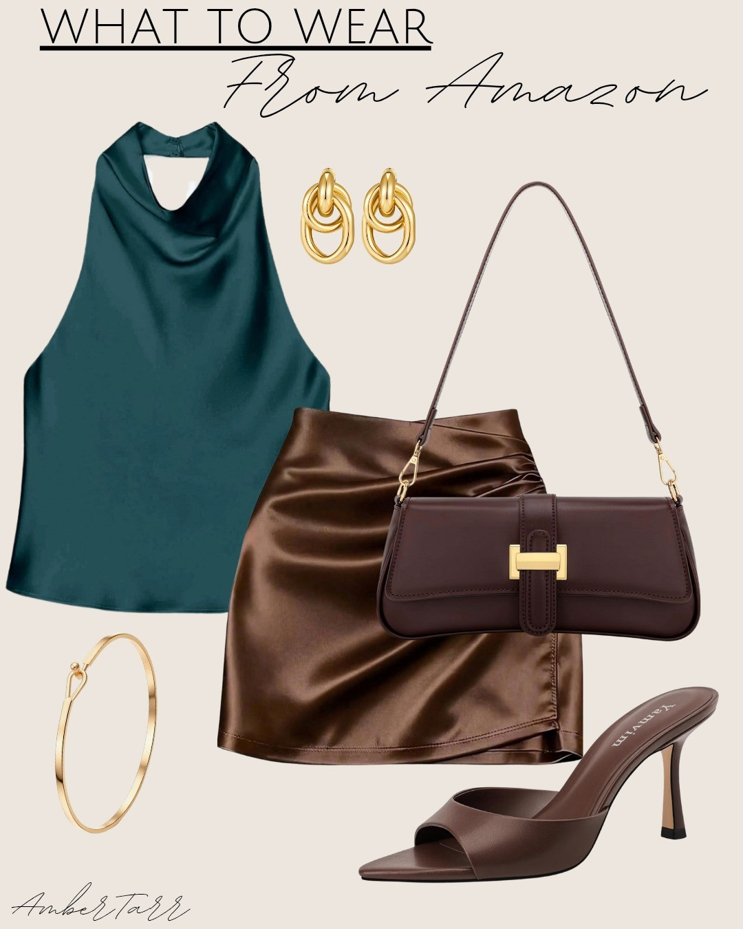 This cowl neck halter top paired with a satin mini skirt, a shoulder bag with hardware, heeled mules, gold layered hoop earrings, and a gold bangle bracelet is such an elegant and sophisticated outfit that feels effortlessly luxe and polished for the perfect date night.

#LTKgrwm #LTKootd #LTKOver40
