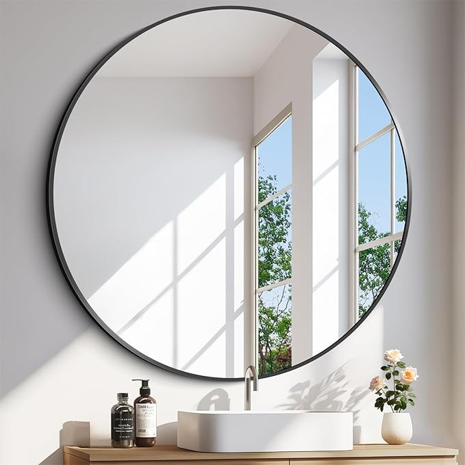 Black Round Mirror 39 inch Large Circle Mirror, Aluminum Alloy Metal Frame Bathroom Mirror, Round... | Amazon (US)