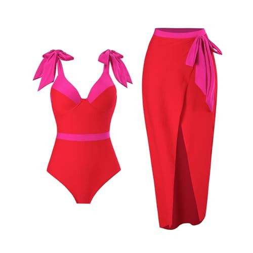 IDOPIP Women's One Piece Swimsuit with Cover up Beach Skirt Flower Floral Printed Swimsuit Bathing Suit Ruffle V-Neck Monokini Swimwear Sarong Coverups Two Piece Bikini Set Beachwear Red + Hot Pink S | Amazon (US)