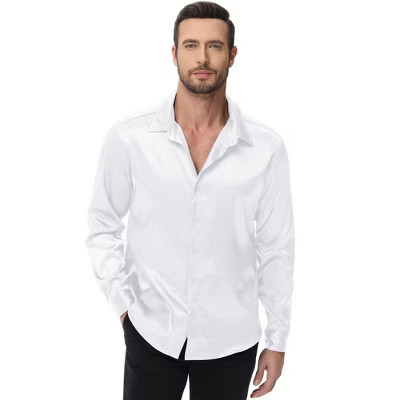 Men's Shiny Satin Dress Shirts Long Sleeve Button Down Blouses,M,Off-white | Target