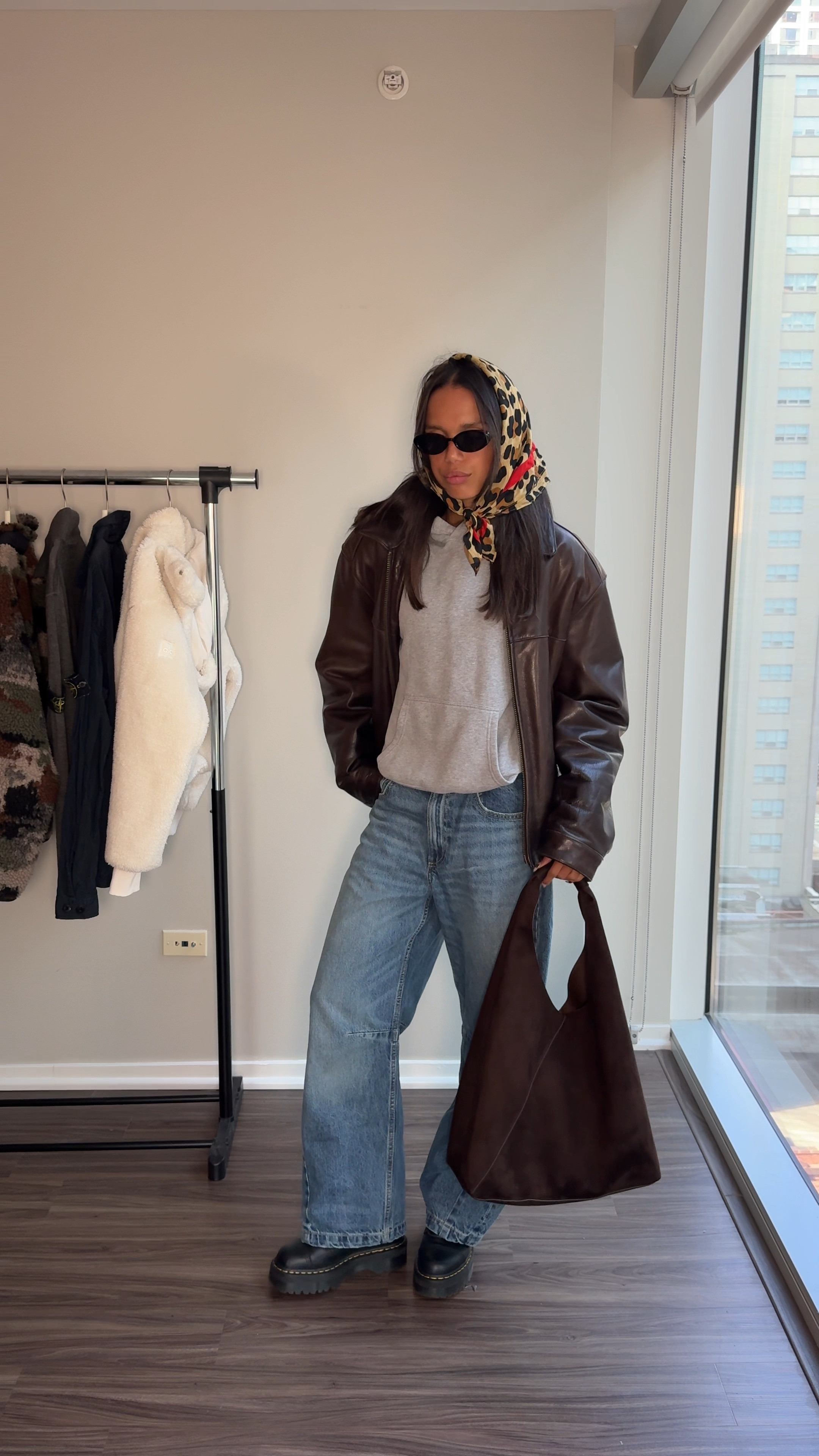 Exact Products:
Jeans: Zara,
Hoodie - Aritzia, 
Scarf - Zara,
Jacket - Thrifted, 
Shoes - Dr. Martens,
Bag - Banana Republic Factory,
Sunglasses - Amazon