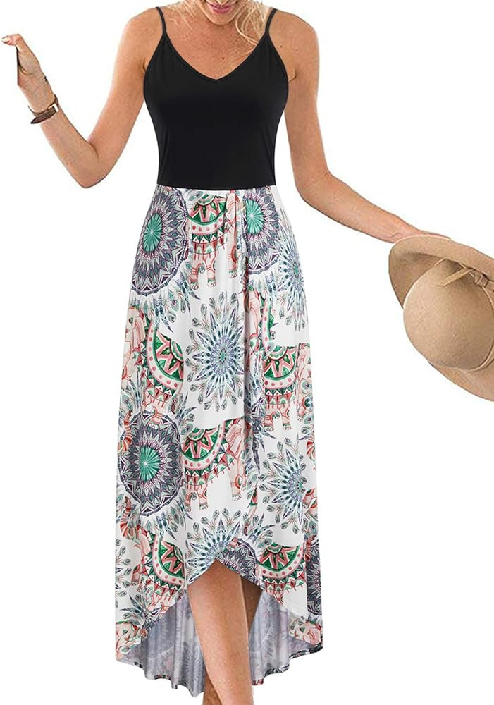 II ININ Women's V Neck Sleeveless Summer Casual Dress Asymmetrical Patchwork Floral Maxi Beach Sundr | Amazon (US)