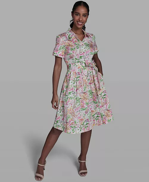 Women's Printed Short-Sleeve Tie-Waist Collared Shirt Dress | Macy's
