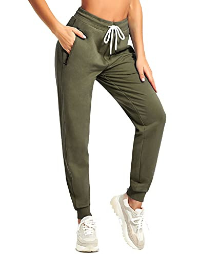 PULI Women Lightweight Workout Sweatpants Cotton Jogger Ribber Splicing Lounge with Zip Pocket Olive Green XL | Amazon (US)