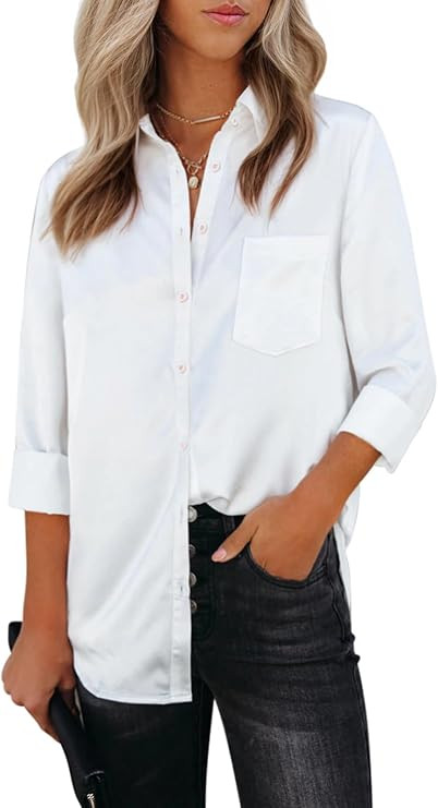 Womens Button Down Shirts Dress Shirts Long Sleeve Collared Blouses V Neck Work Office Tunic Chif... | Amazon (US)