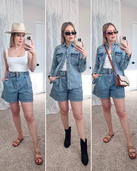 Denim shorts styled 3 ways! Very versatile for summer🩵

Tags
Canadian tuxedo, jean jacket, denim jacket, jean shorts, sunglasses, paper bag shorts, accessories, wide brim hat, summer hat, cowboy hat, western style, country concert, spring outfit, nashville outfit, sandals, travel outfit

#LTKSeasonal #LTKunder100 #LTKstyletip