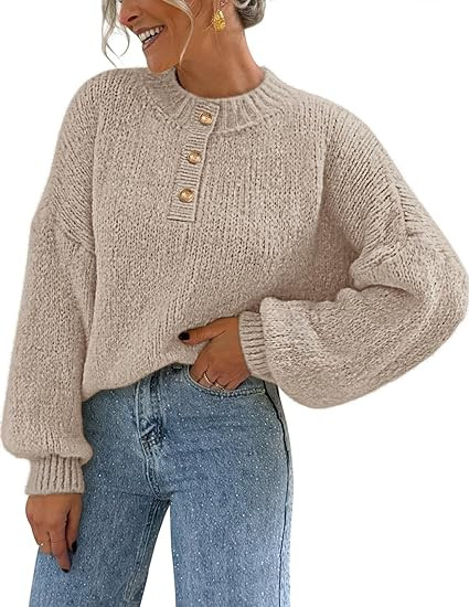 MEROKEETY Women's 2025 Fall Oversized Sweaters Chunky Long Lantern Sleeve Buttoned Mock Neck Wint... | Amazon (US)