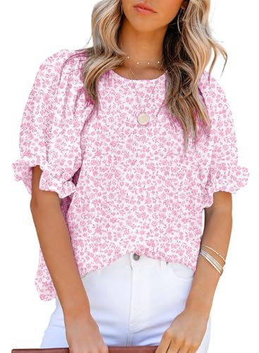 Dokotoo Women's Summer Floral Casual Crewneck Babydoll Top - Smocked Puff Short Sleeve Shirt for Teens, Small Pink | Amazon (US)