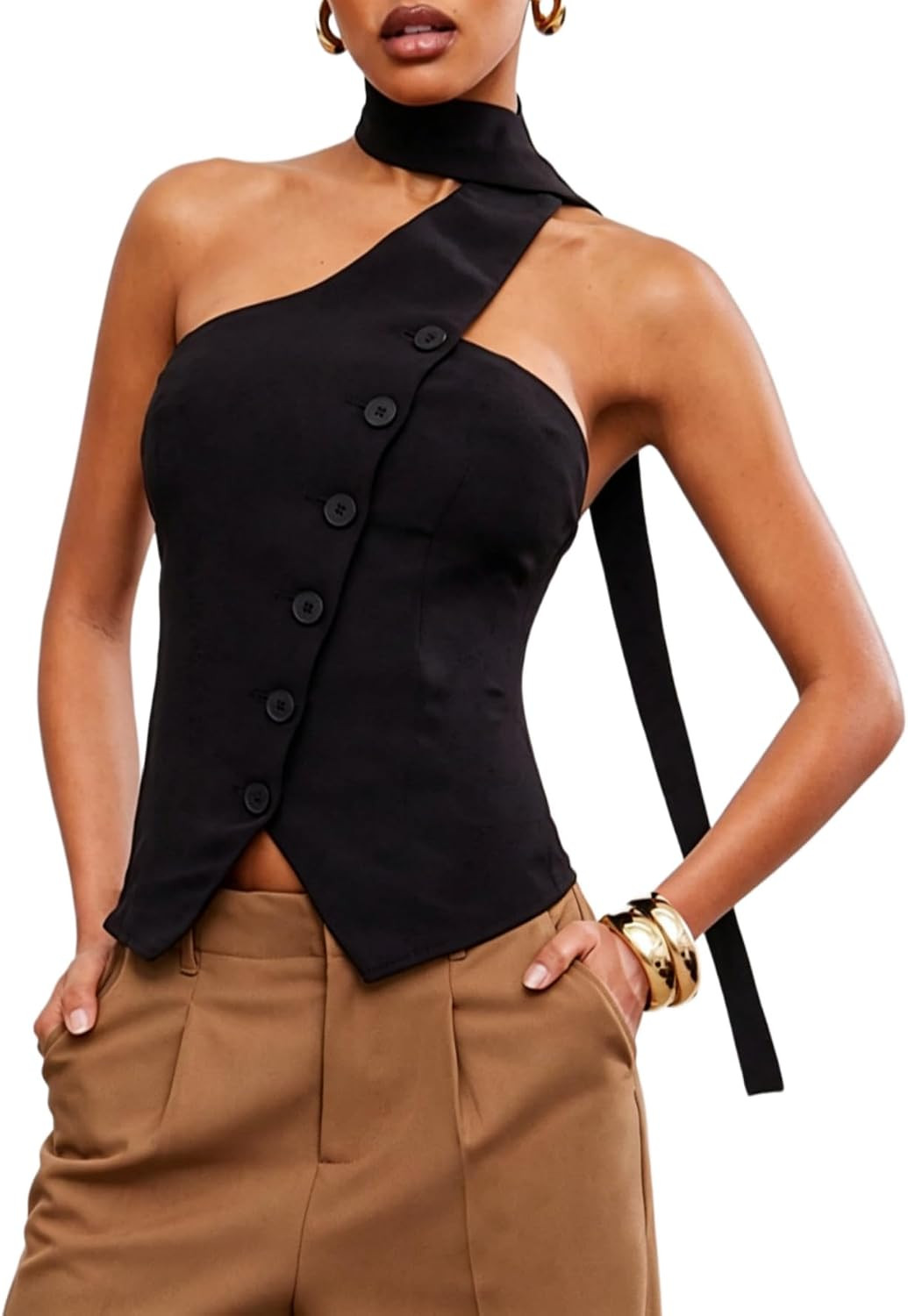 Floerns Women's Backless Halter Tops Button Down Sleeveless Going Out Tank Tops with Scarf | Amazon (US)