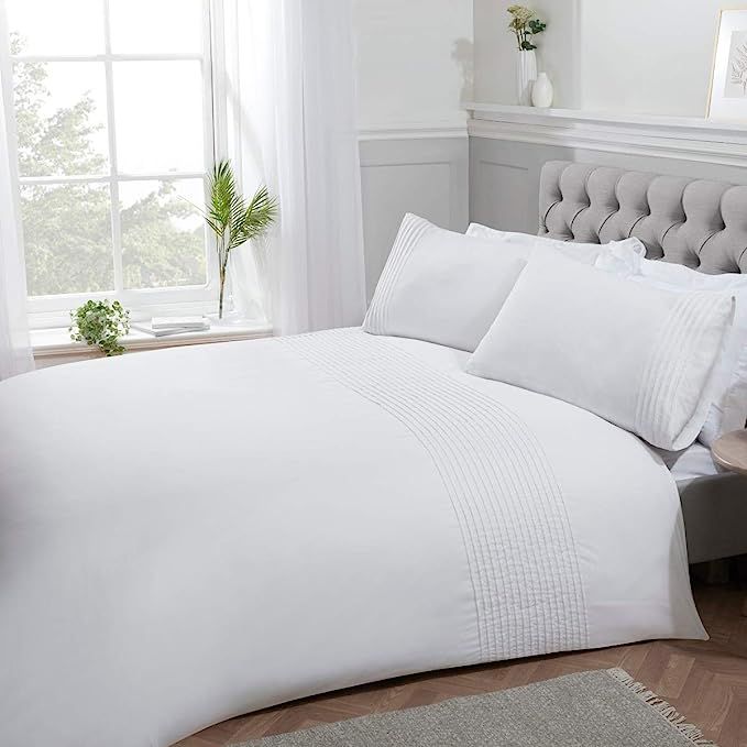 Sleepdown Pintuck Pleated Striped Panel White Luxury Easy Care Soft Cosy Duvet Cover Quilt Beddin... | Amazon (UK)
