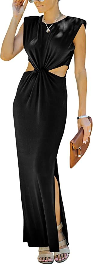 Amazon.com: Prinbara Womens Summer Cut Out Maxi Dress Solid Color Sleeveless Split Long Party Bod... | Amazon (US)