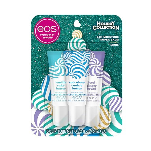eos Holiday 24H Moisture Mini Super Balm Set- Speculoos Cookie Butter, Iced Gingerbread, Vanilla Cake Batter, Limited-Edition Lip Care, Stocking Stuffers, 0.20 fl oz, 3-Pack | Amazon (US)