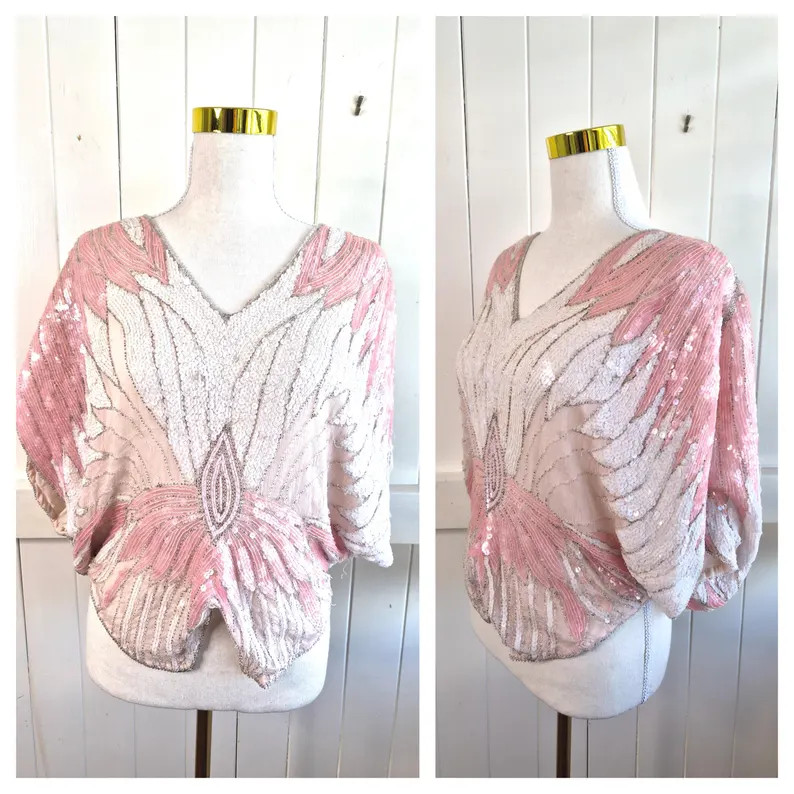Vintage 1980s Rare Pink Sequin Butterfly Batwing Sequin Disco Evening Blouse Size M | Etsy (Global)