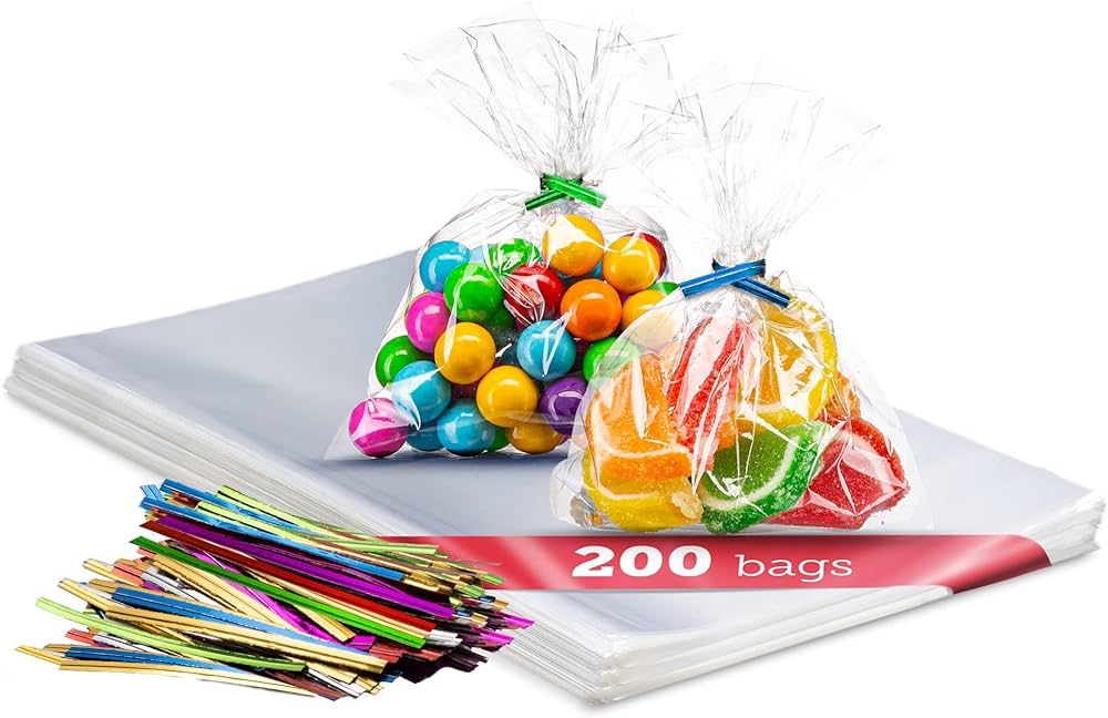 200 Pack Clear Plastic Cellophane Bags Goodie Bags [3x4] with 4" Twist Ties | Candy Bags | Cookie... | Amazon (US)