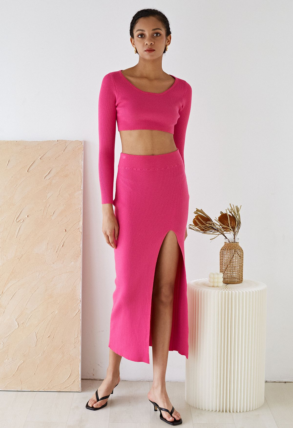 Knitted Crop Top and High Slit Maxi Skirt Set in Hot Pink | Chicwish