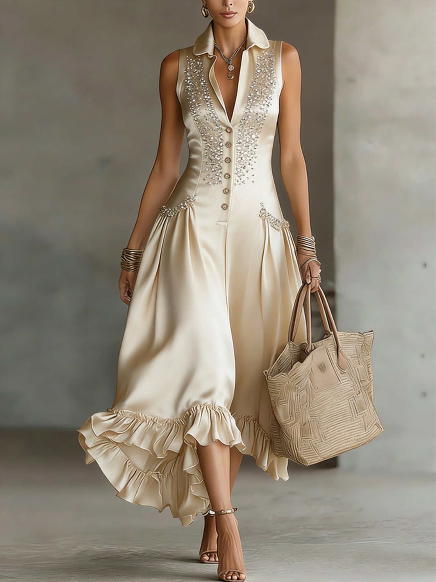 Elegant Plain Hot Drilling Shirt Collar Maxi Dress | Stylewe