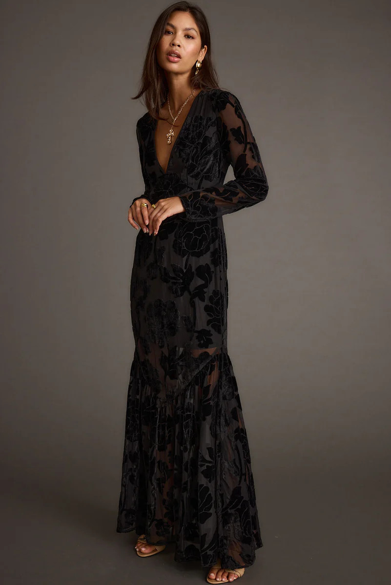 Angela Black Velvet Burnout Long Sleeve Maxi Dress | 12th Tribe