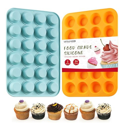 2PCS Silicone Mini Muffin & Cupcake Pan Set, Little Cook 24 Cups Mini Muffin Baking Pan, Non-Stick, BPA Free, Dishwasher Safe, Perfect for Making Muffin, Cakes, Tart (Orange + Peacock Blue) | Amazon (US)