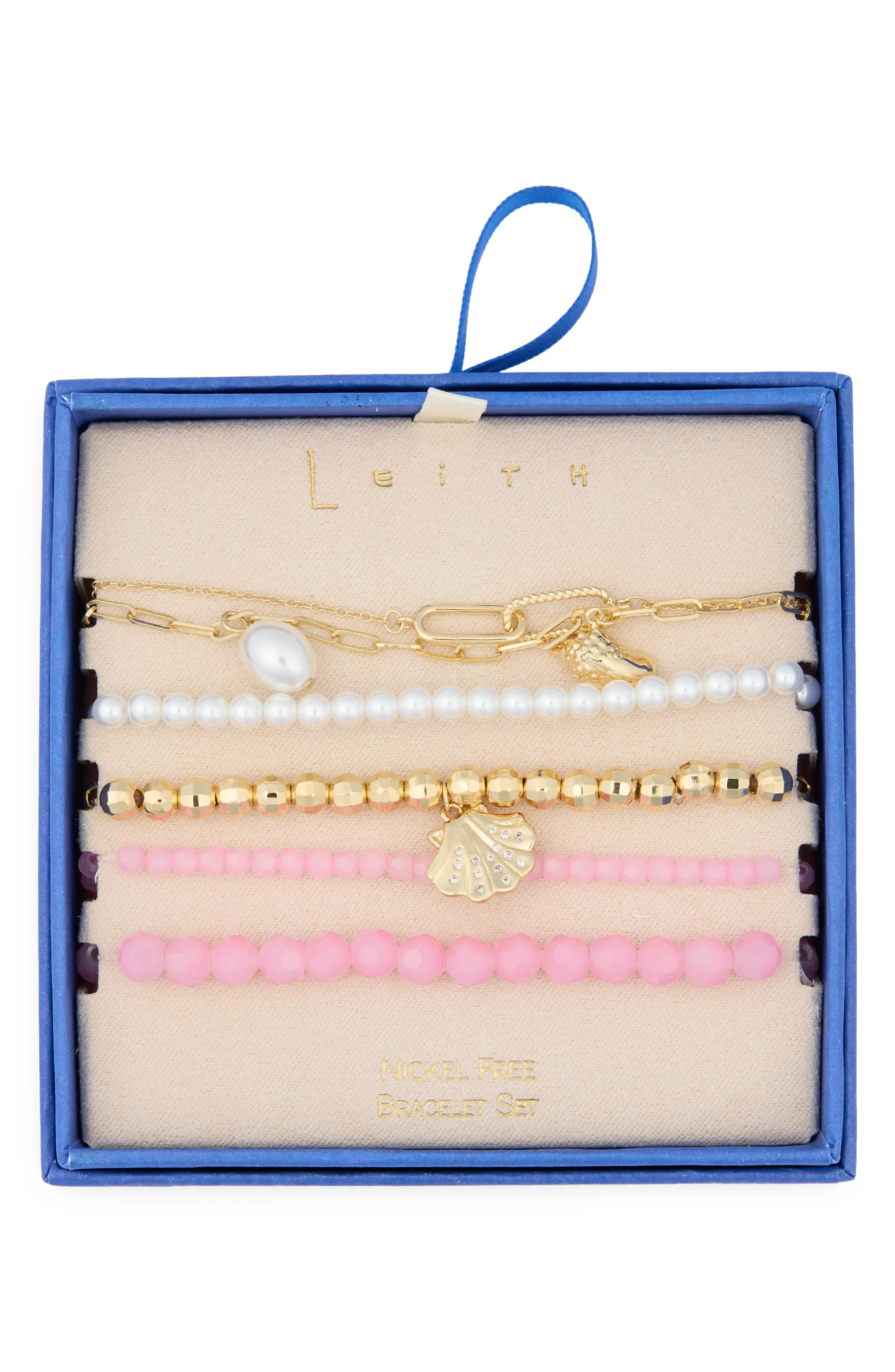 Leith 5-Pack Beaded Sea Life Bracelet Set in Pink Multi- Gold at Nordstrom Rack | Nordstrom Rack