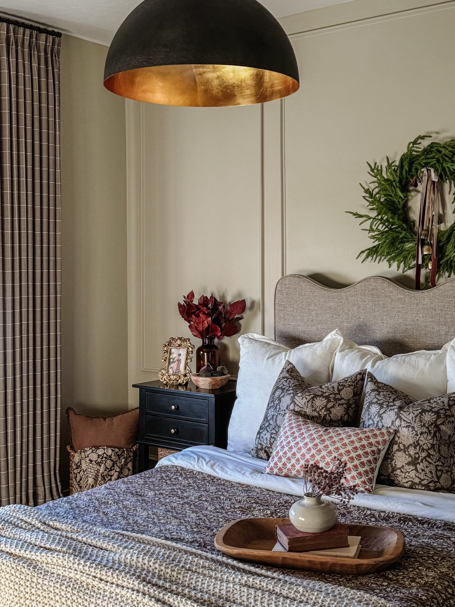 Scalloped bed frame, bedroom ideas, bedroom inspo, wavy linen bed frame, Lulu and Georgia bed, modern bed, bedding ideas, Shades of Light dome light fixture, black light fixture, farrow and ball paint, chunky knit blanket, plaid rug, neutral kantha quilt, plaid curtains, window pane curtains, Two pages pinch pleat curtains, neutral curtains, hand block print throw, Target blanket, cozy cottage vibe, window pane curtain, Farrow and Ball Paint

#LTKhome #LTKstyletip #LTKfindsunder100