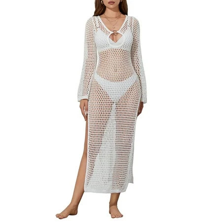 Biezeib Women Knit Bikini Cover Ups Crochet Cutouts Long Sleeves Split Beach Dress for Bikini Swimsuit Summer Clothes | Walmart (US)
