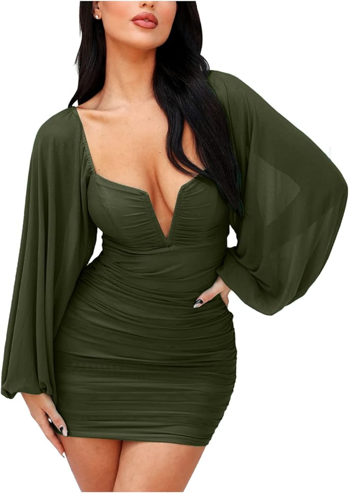 L'VOW Women's Sexy Ruched Plunge V Neck Bodycon Backless Mesh Puff Long Sleeve Mini Club Pencil D... | Amazon (US)