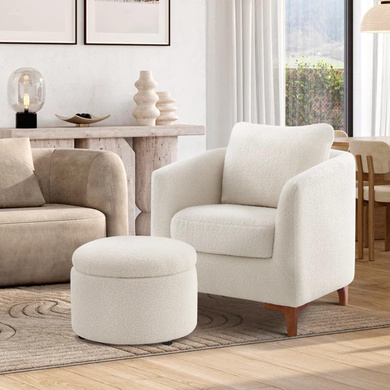 Amold Upholstered Barrel Accent Armchair With Storage Ottoman and Pillow | Wayfair North America