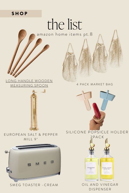 Amazon home: measuring spoon, market bag, salt mill, popsicle holder, toaster, oil and vinegar dispenser 

#LTKhome