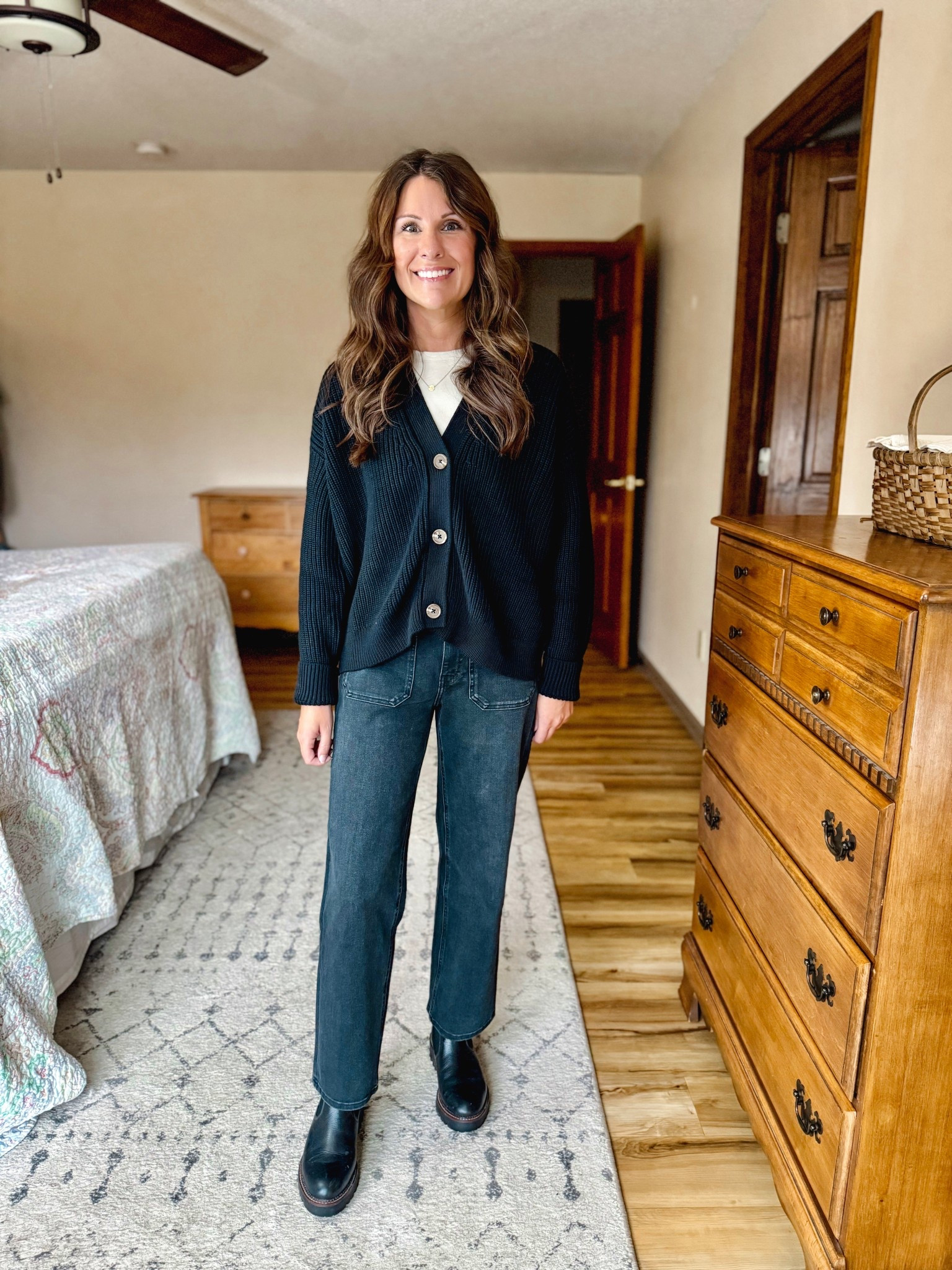 Wearing size xs in my cardigan, small in my tee, and 24 with a 26” inseam in my jeans (faded black). My Chelsea boots are super comfy and are a size 6.5. I like to size up in boots. 

#LTKSeasonal #LTKPetite #LTKShoeCrush