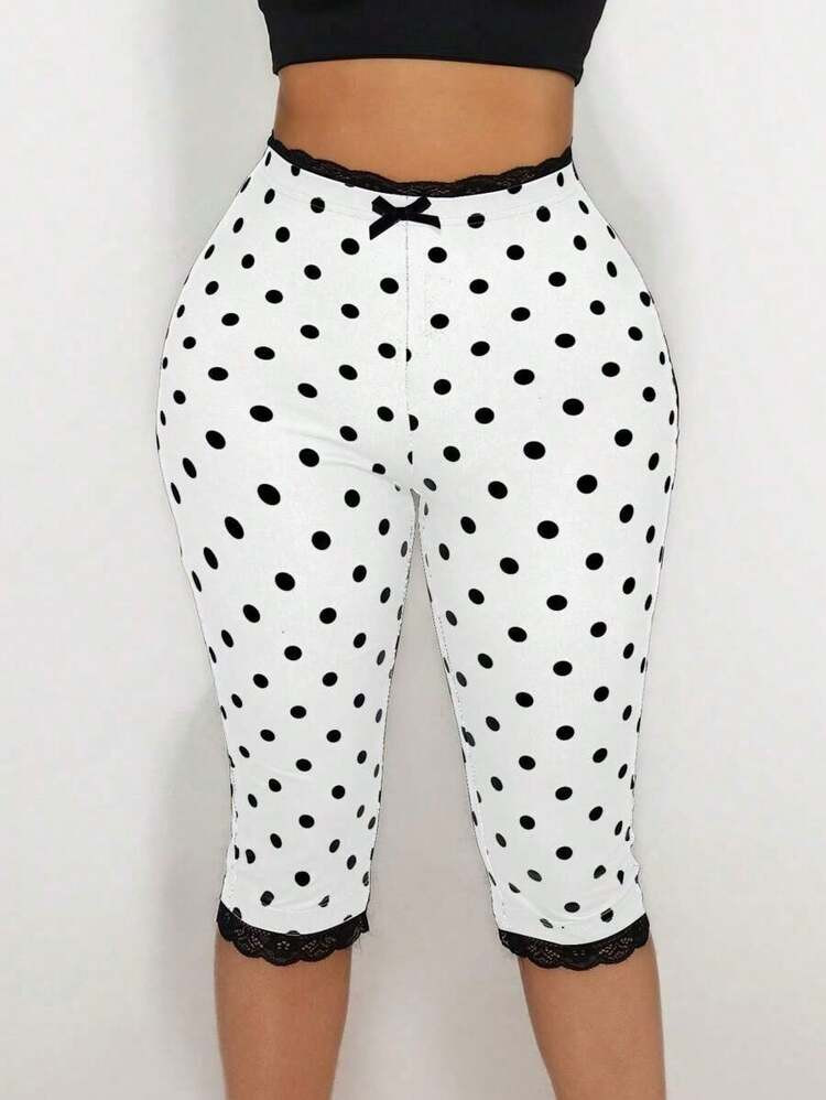 Women's Lace Trim Bow Polka Print Leggings | SHEIN