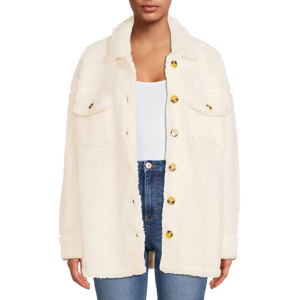 No Boundaries Juniors' Faux Sherpa Shacket - Walmart.com | Walmart (US)
