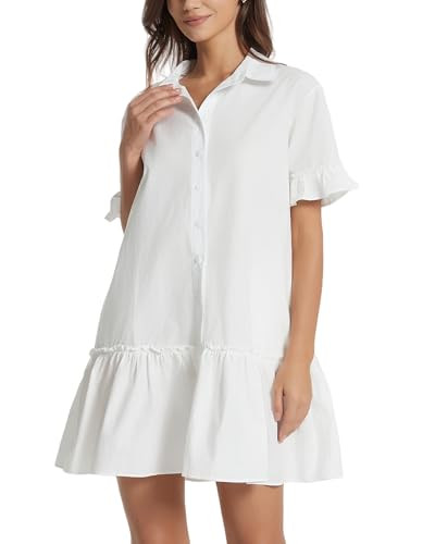 Women's Cotton Linen Ruffle Mini Dress Short Sleeve Button Down Drop Waist Tunic Shirt Dress | Amazon (US)