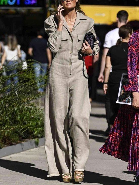 Urban Shawl Collar Long Sleeve Loose Linen Jumpsuit | Stylewe