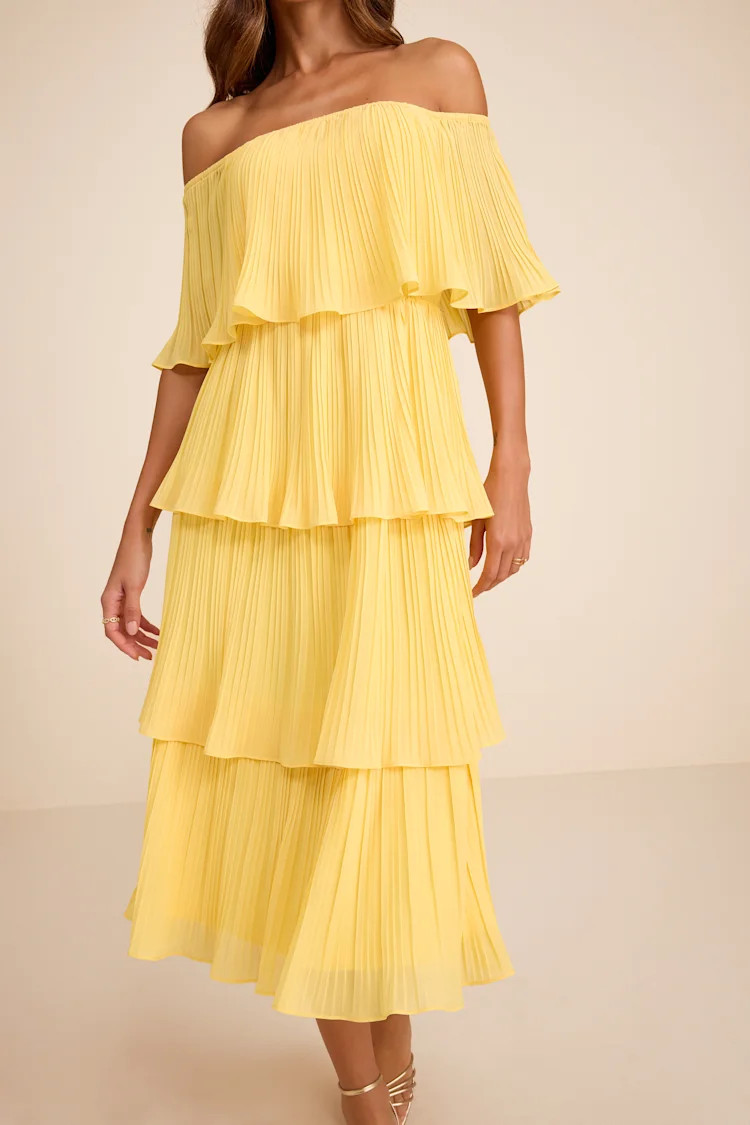 Gala Ready Yellow Off-the-Shoulder Ruffle Midi Dress | Lulus