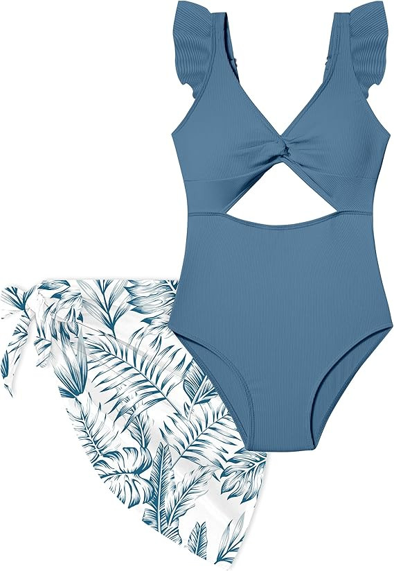 Girls One Piece Swimsuit Cut Out Ruffle Bathing Suit Twist V Neck Swimwear Solid Color with Cover... | Amazon (US)