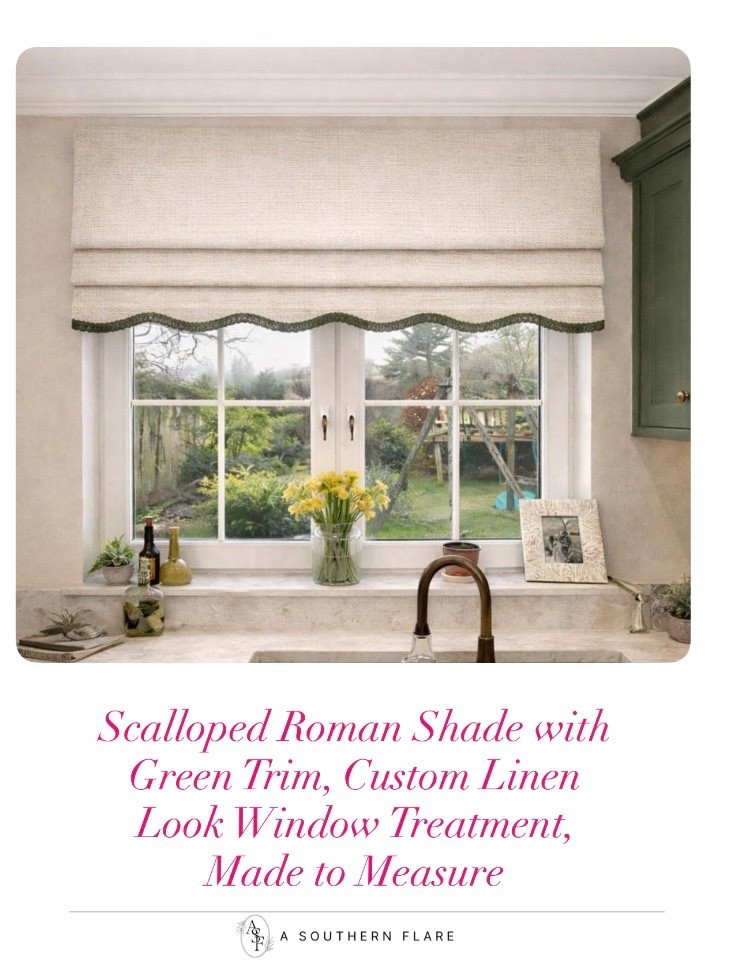 Scalloped Roman Shade with Green Trim, Custom Linen Look Window Treatment, Made to Measure

#LTKHome