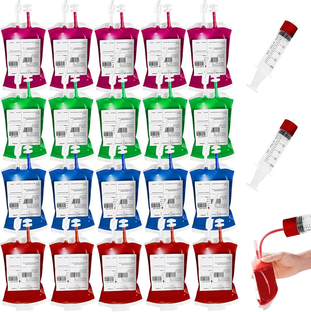 MGparty 20Packs Halloween Blood IV Bags Reusable Drink Pouches Juice Containers for Halloween Zom... | Amazon (US)