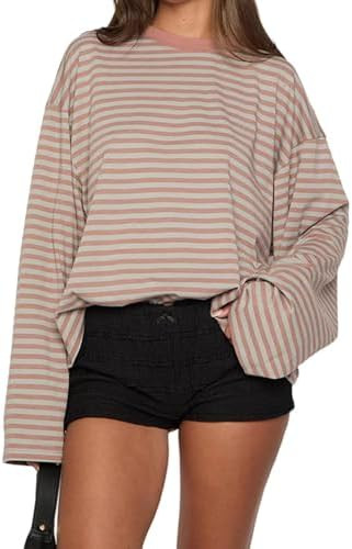 Women Oversized Striped Long Sleeve Shirt Crewneck Cropped Tops Drop Shoulder Y2K Preppy Sweatshi... | Amazon (US)