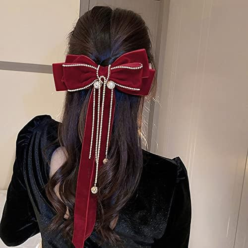 Jumwrit Big Pearl Hair Bow Clip Strong Hold Hair Barrette with Long Ribbon Tassel Soft Velvet Hai... | Amazon (US)