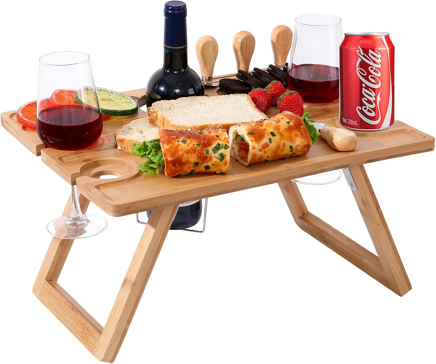 Ollieroo Portable Wine Picnic Table, Foldable Bamboo Snack Table with Wine Bottle and Glass Holde... | Amazon (US)