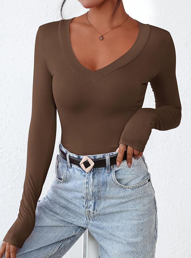 PRETTYGARDEN Long Sleeve Shirts for Women 2025 Fall Fashion V Neck Going Out Tops Slim Fit Basic ... | Amazon (US)