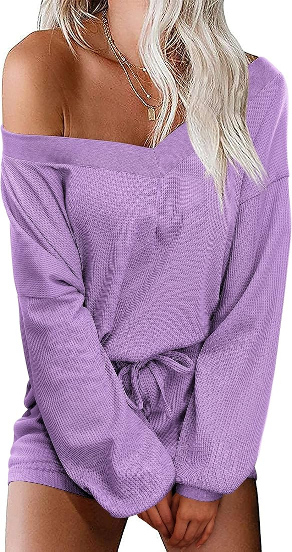 Ekouaer Womens Pajama Set Waffle Knit Lounge Set V Neck Off Shoulder Sleepwear Long Sleeve Top an... | Amazon (US)