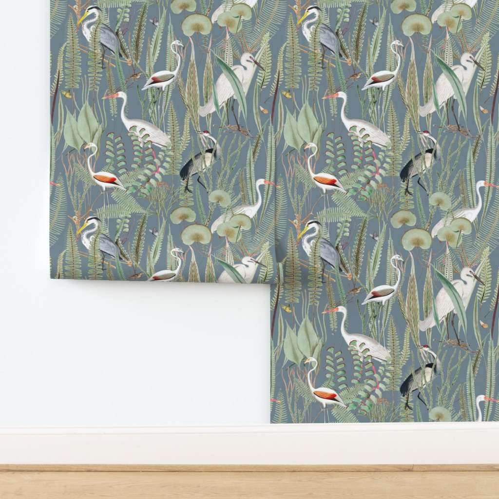 Wallpaper in herons in marsh on slate medium scale | Spoonflower