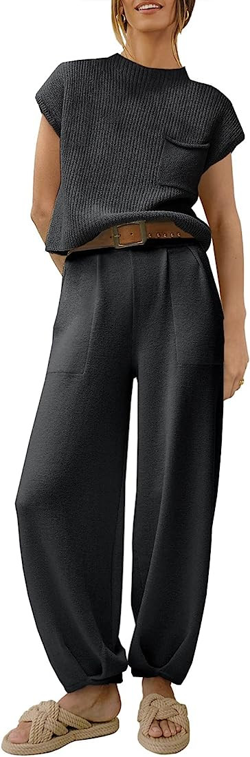 ANRABESS Women's Two Piece Outfits Sweater Sets Knit Pullover Tops and High Waisted Pants Tracksu... | Amazon (US)