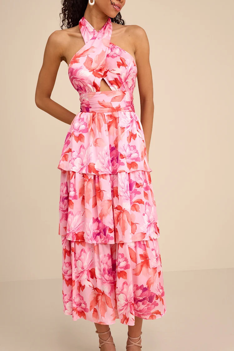 Ashlyn Pink Floral Tiered Midi Dress | dinner outfits | dinner dress | dinner dresses  | Lulus